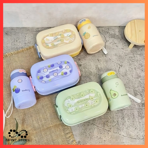 Kit Lancheira Marmita Quadrada/Redonda Com Garrafa 400ML Infantil Kids Hermético