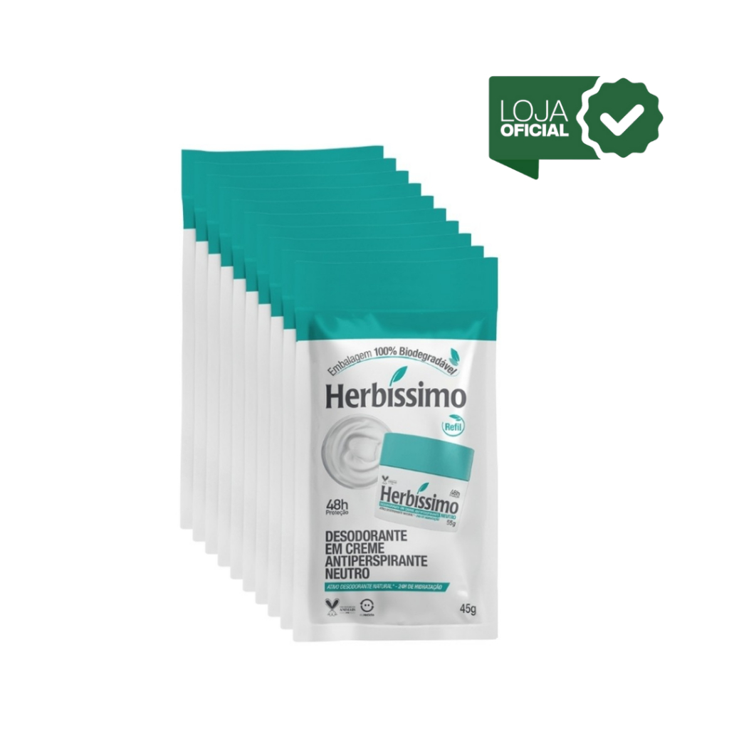 Kit 10 unid - Sachê Refil Desodorante Creme Antitranspirante Neutro Herbissimo 45G