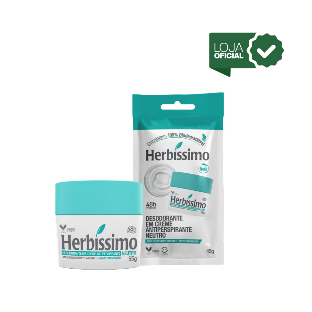Kit 2 itens - Desodorante Creme Antitranspirante Herbíssimo Sachê Refil + Potinho Neutro 45g