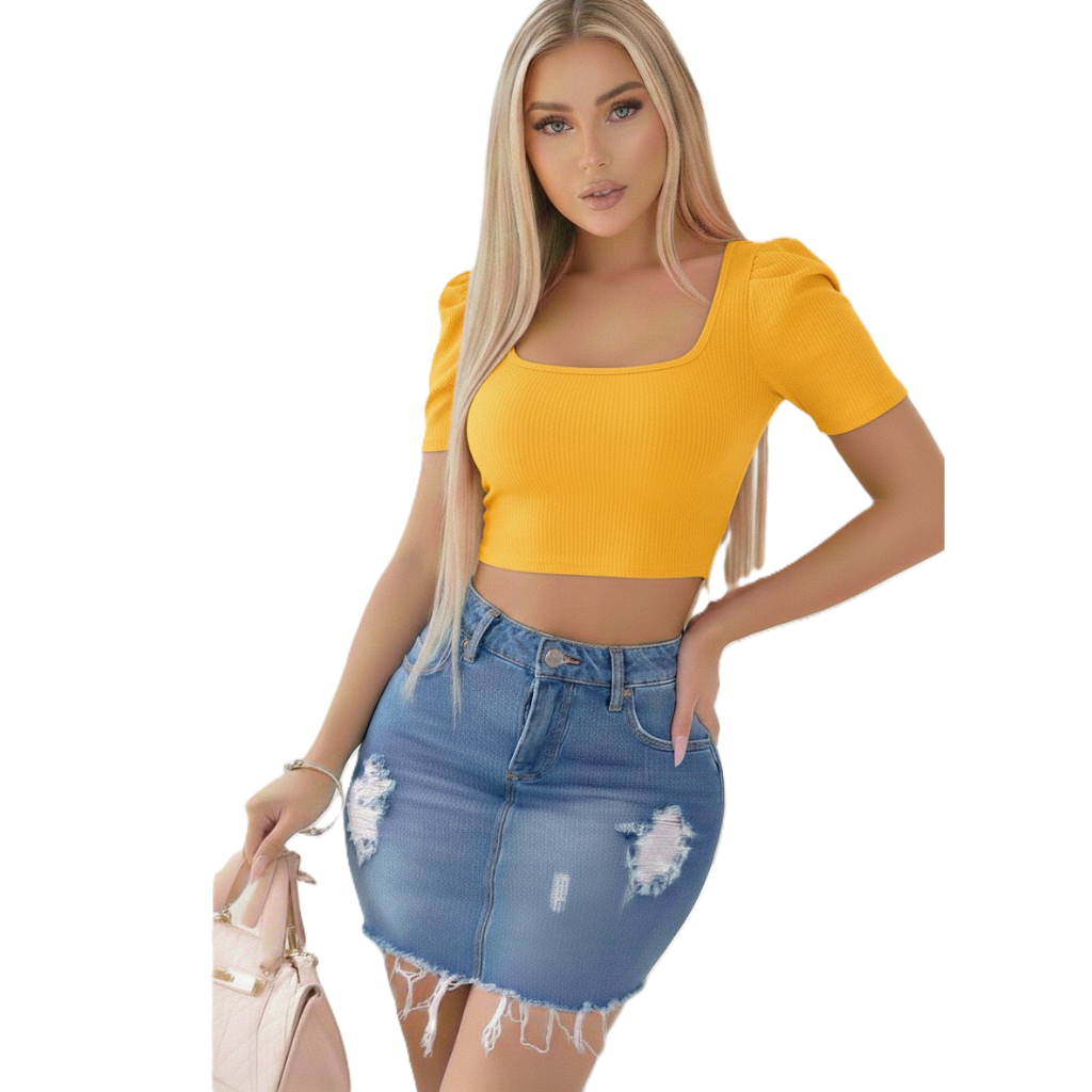 Cropped Feminino Vermelho Canelado | Decote Quadrado | Manga Curta Puff | Moda Casual