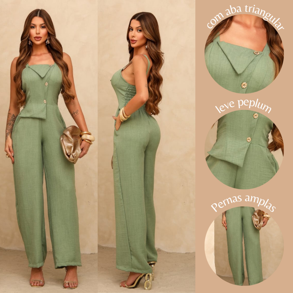 Macacão Feminino Social Elegante com Recorte Estruturado com uma aba Triangular, Botões Decorativos