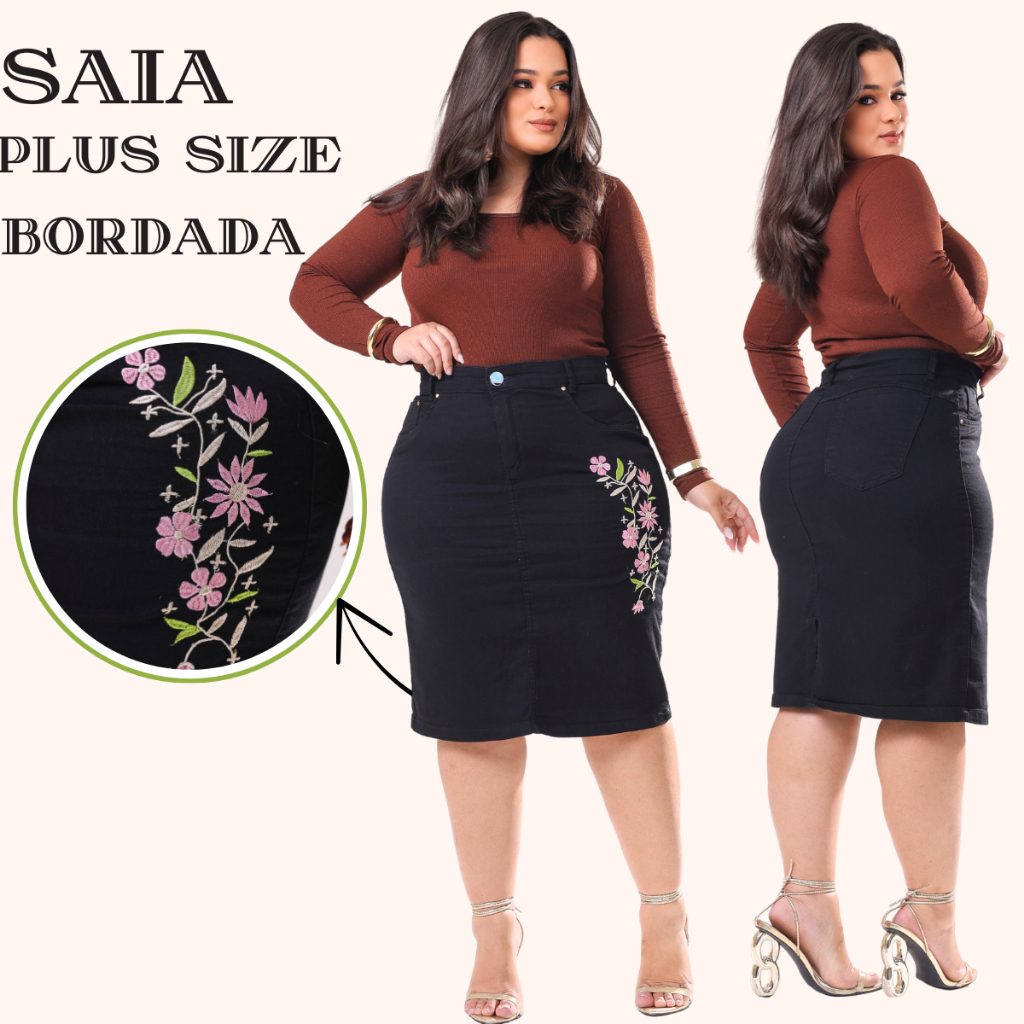 Saia Plus Size Evangelica Na Cor Preta do 46 ao 54 Jeans Com Laycra e Bordado Com Flores Em Tons Em Rosa E Verde em Oferta na Shopee