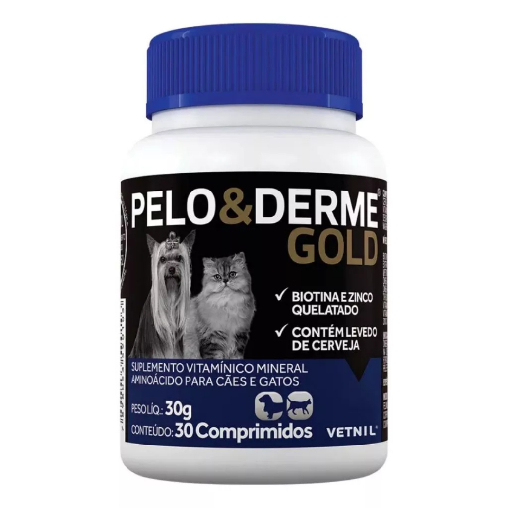 Pelo E Derme Gold 30 Comprimidos suplemento ômega 3 e biotina para dermatite crescimento pelos cachorros e gatos