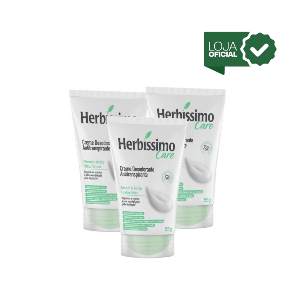 Kit 3 unid - Creme Desodorante Antitranspirante Herbíssimo Monoi e Ácido Hialurônico Bisnaga 55g