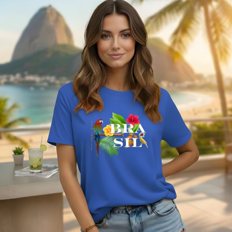 Camisa Feminina Estampa Arara Brasil Camiseta Gola Redonda 100% Algodão Tropical