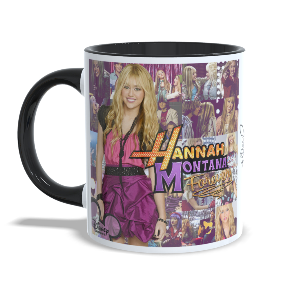 Caneca Hannah Montana e Miley Cyrus Com Autógrafo Capa Álbum Hannah Montana Forever Plastic Hearts Porcelana Café Chá