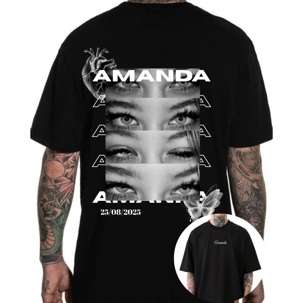 Camiseta Personalizada Casal Namorada Olhos Borboleta e Data 100% Algodão