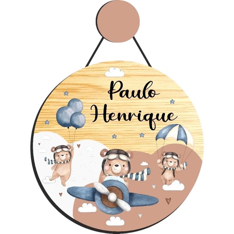 enfeite porta maternidade ursinho aviador, ursinho baloeiro, personalizado, em MDF
