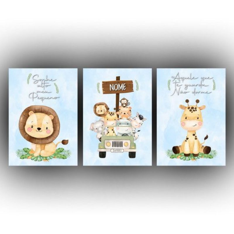 Quadro decorativo kit 3 peças safari com o seu nome ,quarto sala para seu lar