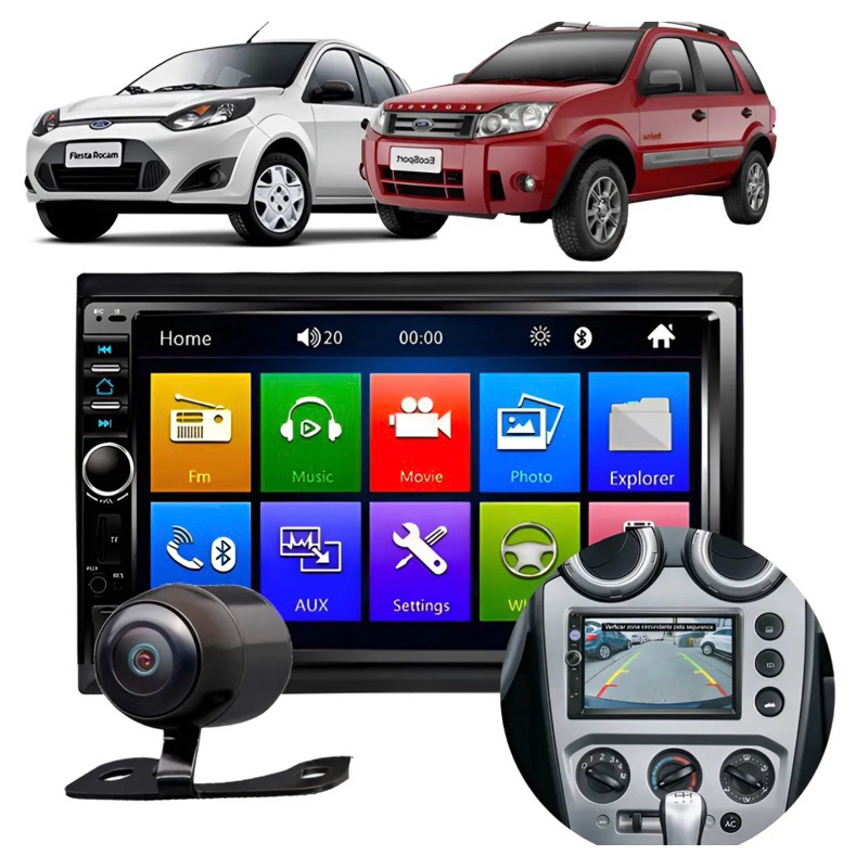 Central Multimídia Mp5 2din Ford Fiesta Ecosport Espelhamento Bluetooth + Moldura + Camera de ré