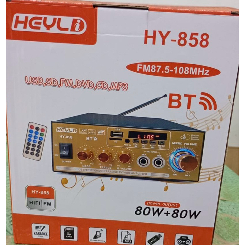 Amplificador Mixer Heyli de potência  80w+80w  220V 12V FM estéreo MP3  Card Mini USB  karaoke