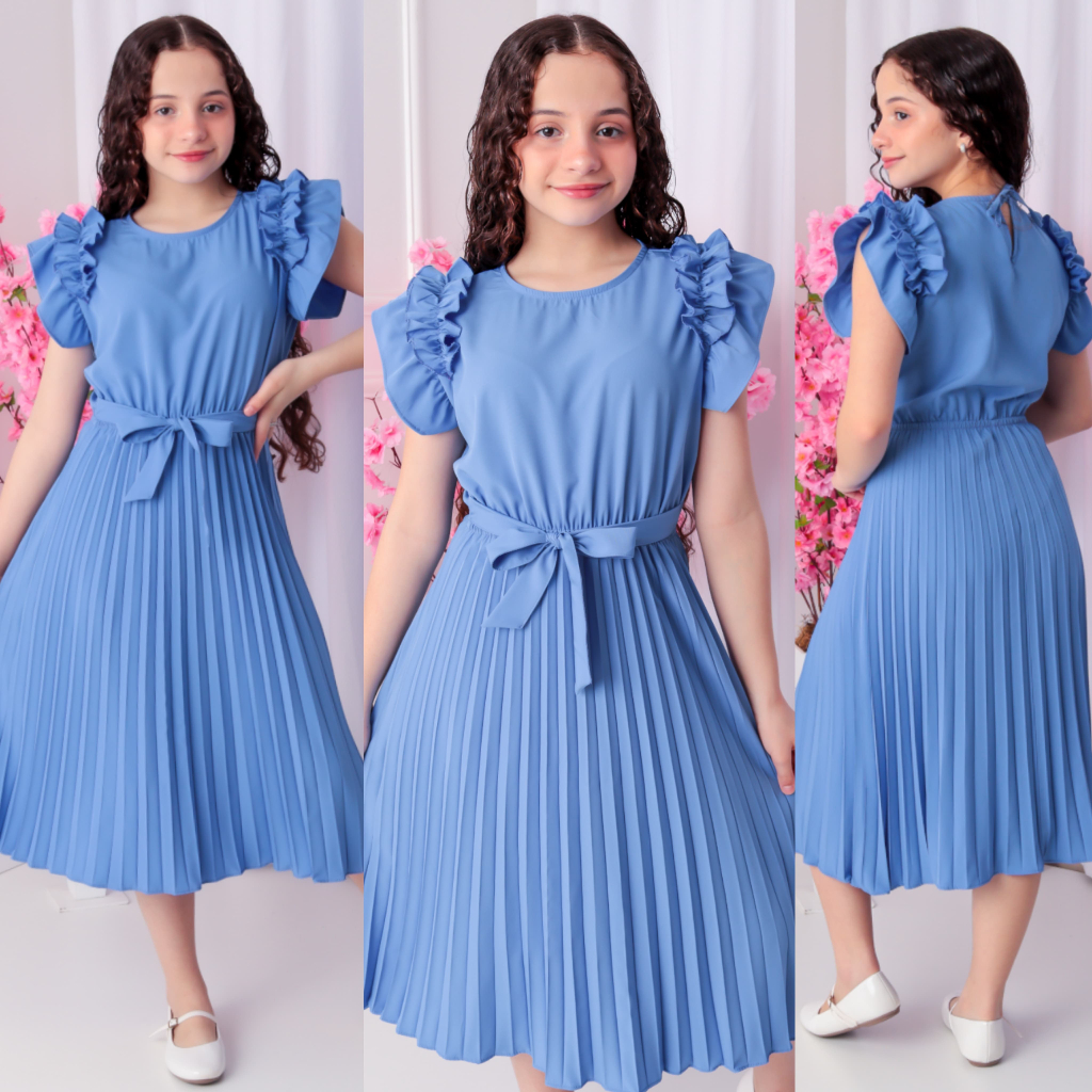 Vestido Infantil/Juvenil com Saia Plissada, Forro e Mangas Franzidas – Elegância para Festas Ideal para Eventos Especiai