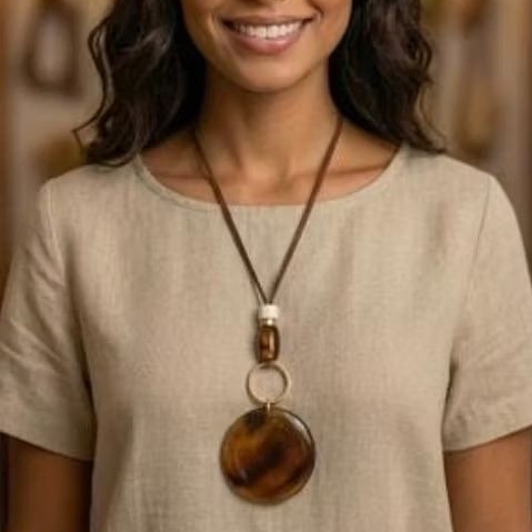 Colar (138) com Pingente Circular Dourado e Contas de Resina Marrom em Oferta na Shopee