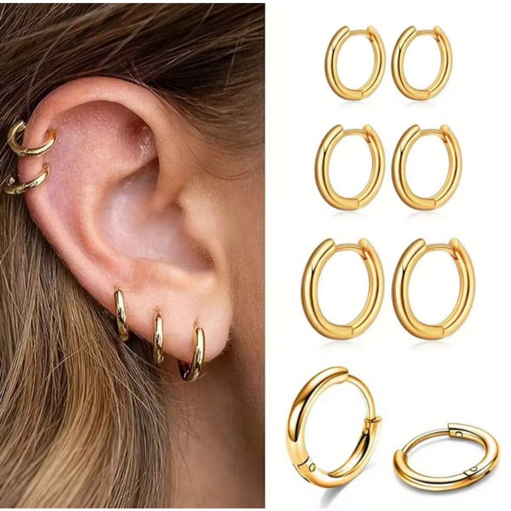 SUSU-MODA Brinco Argola Fininha 3 Pares em Dourado Unissex - AÇO INOX  8mm,10mm,12mm em Oferta na Shopee