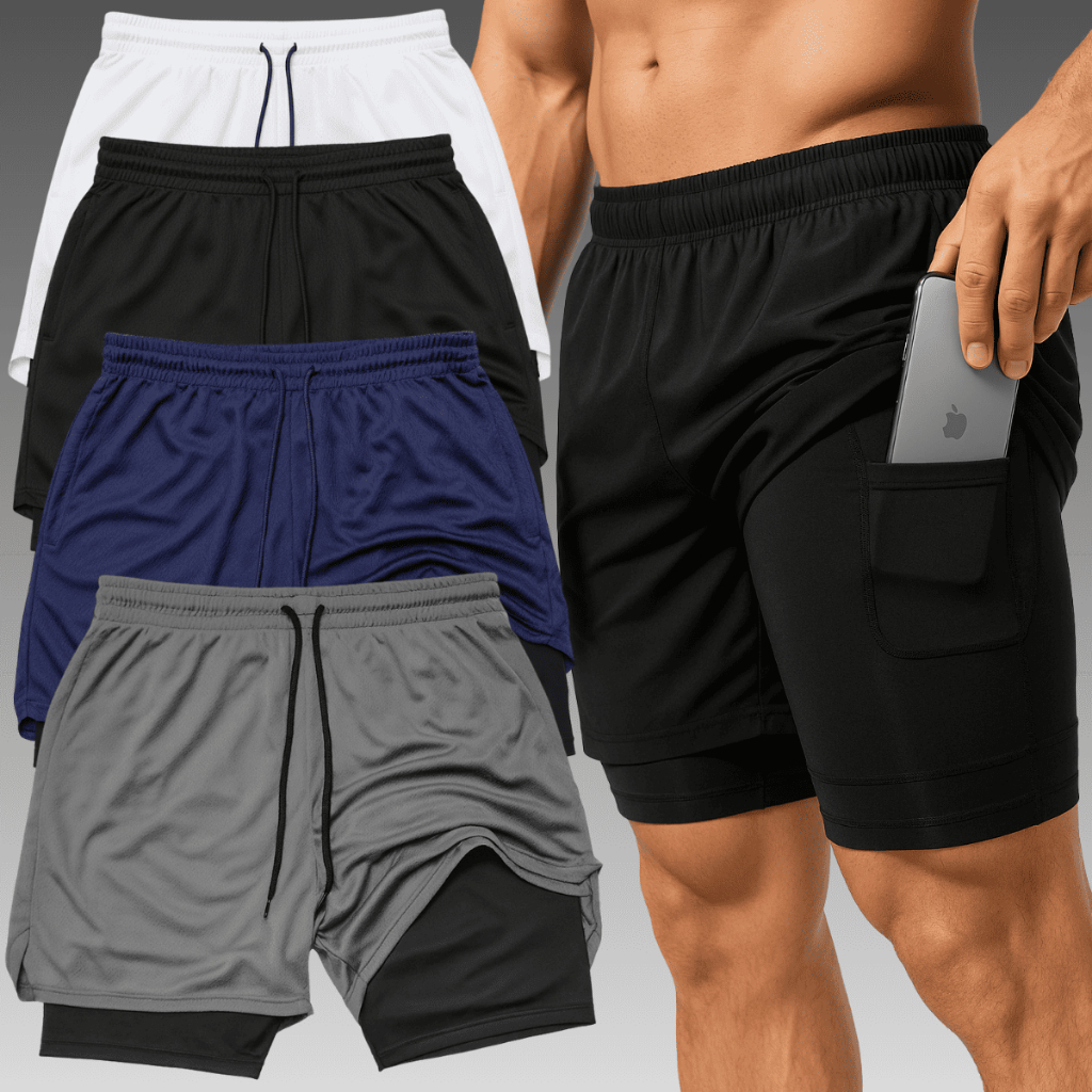 Kit 4 Short Academia 2 Em 1 Duplo Bermuda Masculina Corrida Bolso Interno Compressão Treino