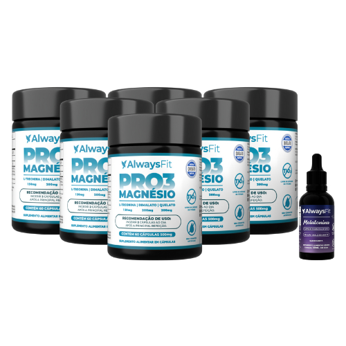 Pro3Magnésio - AlwaysFit  L-Treonina, Quelato e Dimalato - 60 Cápsulas  6 Un + Melatonina ou 12 Un + Melatonina