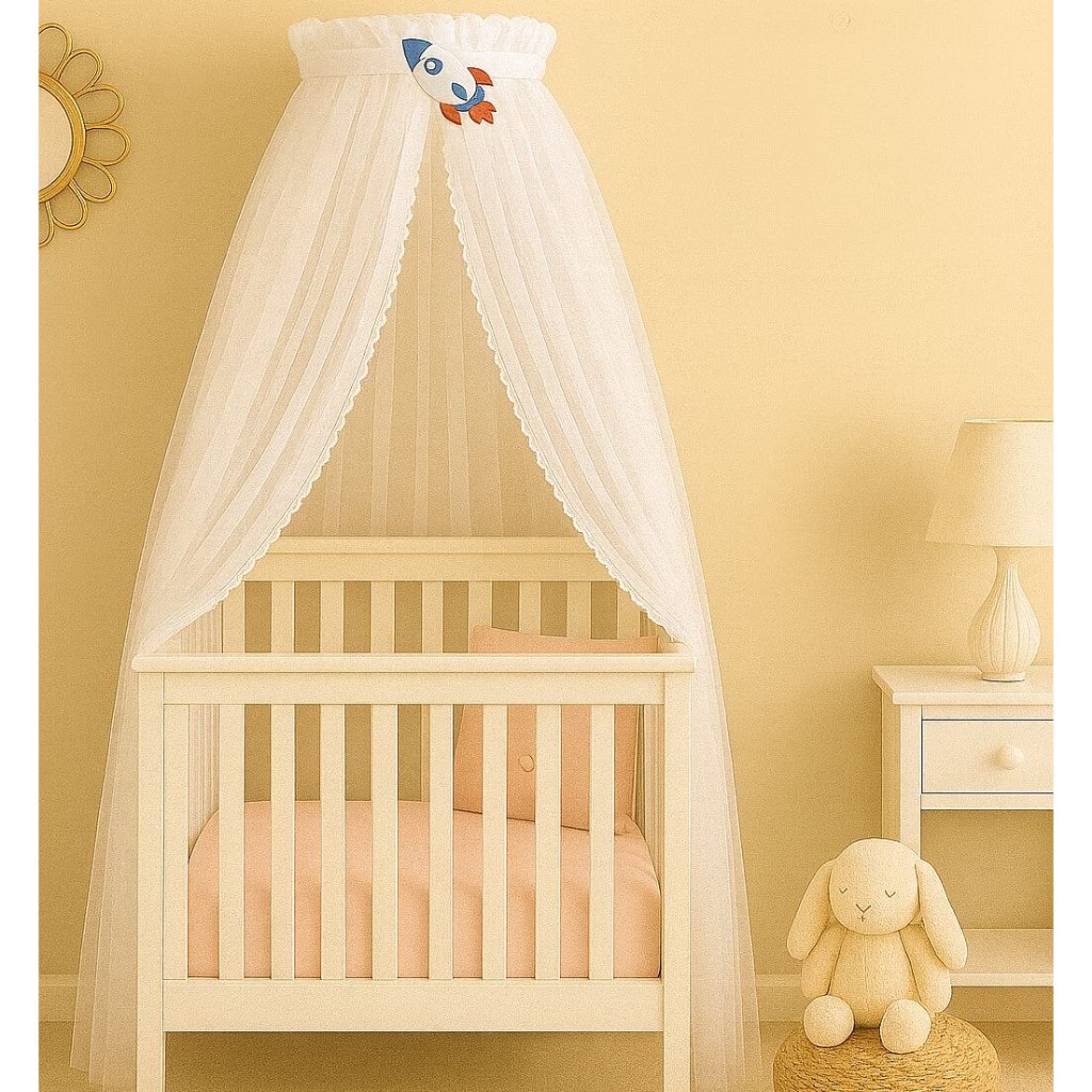 dorsel astronauta foguete para berço + mosquiteiro tule promoção