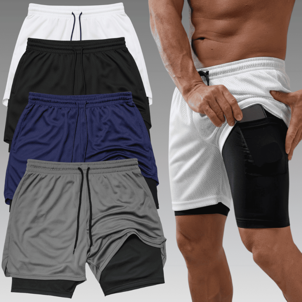 Kit 4 Shorts 2 Em 1 Academia Corrida Duplo Bermuda Masculina Bolso Interno Compressão Treino