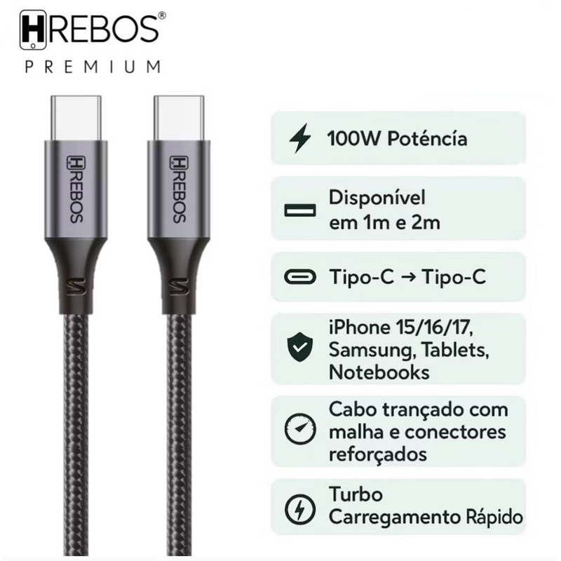 Cabo Midnight Tipo-C 100W Hrebos CB-362C | iPhone 15/16/17 | Samsung | Notebook | 1m 2m e 3m | Nylon Reforçado