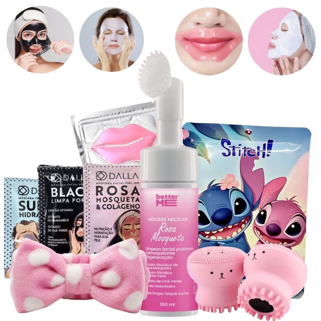 Kit Skincare Limpeza de Pele Facial - Mousse Rosa Mosqueta - 3 Mascara PeelOff - Mascara Labial - Stitch - Faixa Esponja em Oferta na Shopee