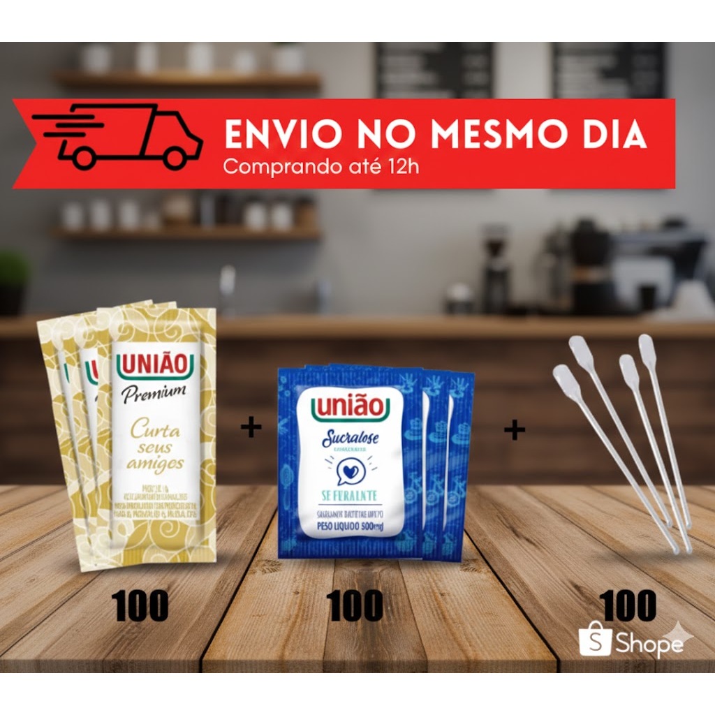 KIT com 100 Açúcar União Sache 5g + Adoçante Zero Cal Sucralose + Mexedor Café 8,5cm