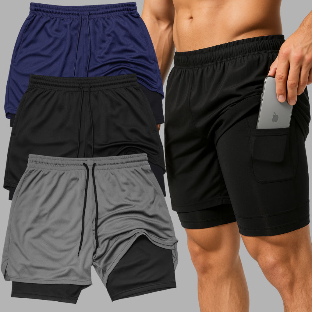 Kit 3 Short Academia 2 Em 1 Duplo Bermuda Masculina Corrida Bolso Interno Compressão Treino