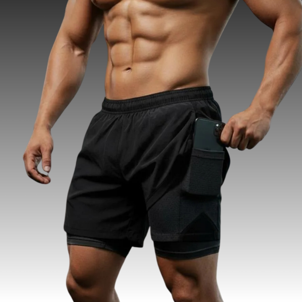 Short 2 em 1 Masculino Academia Corrida Treino Duplo Bermuda Bolso Interno Compressão Dry Fit