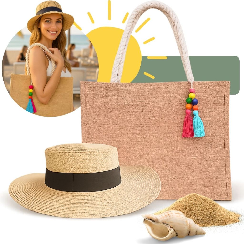 Bolsa de Praia Feminina Grande Alça de Corda Modelo Novo Kit + Chapéu Paris Fashion Resistente Verão