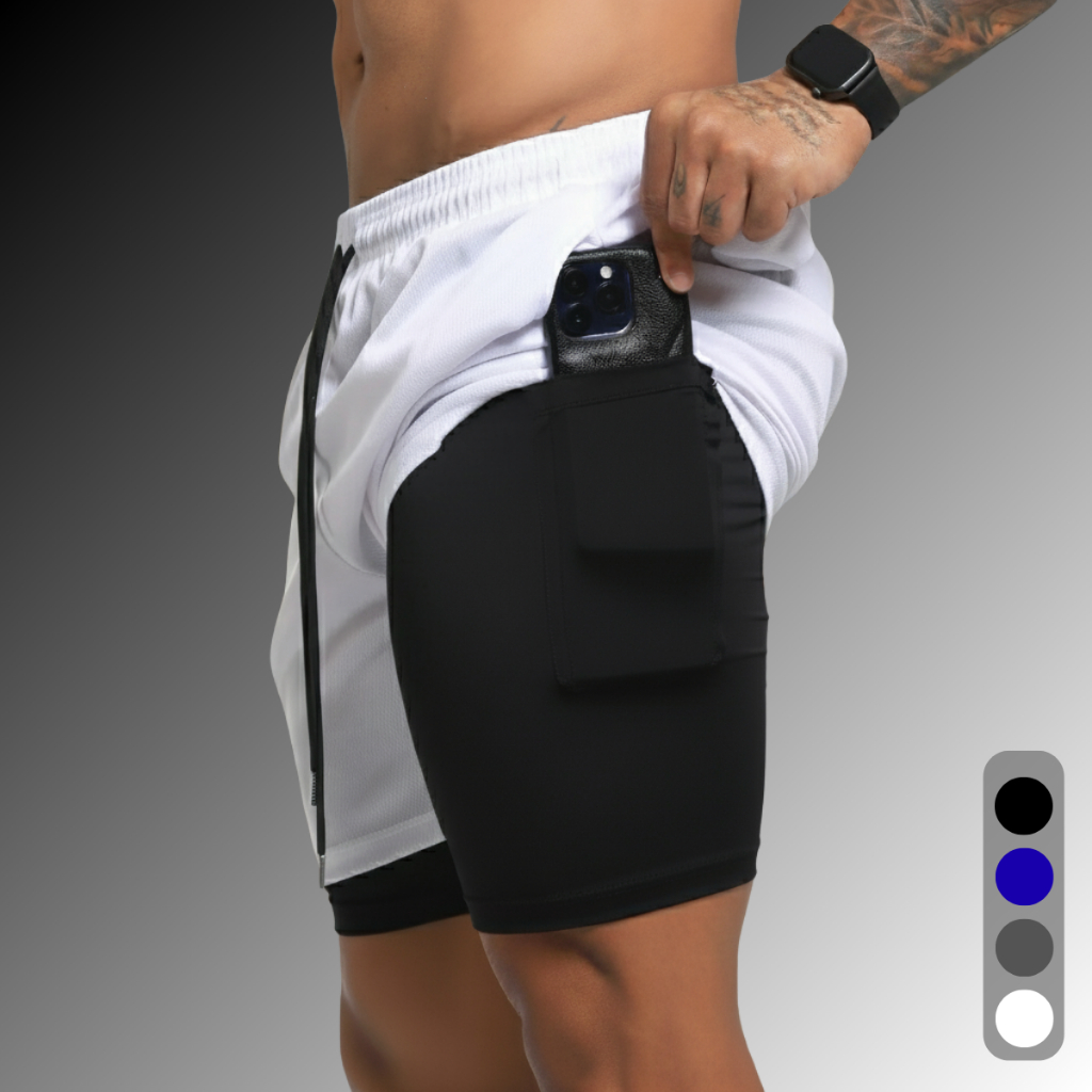 Short Masculino 2 em 1 Academia Corrida Treino Duplo Bermuda Bolso Interno Compressão Dry Fit