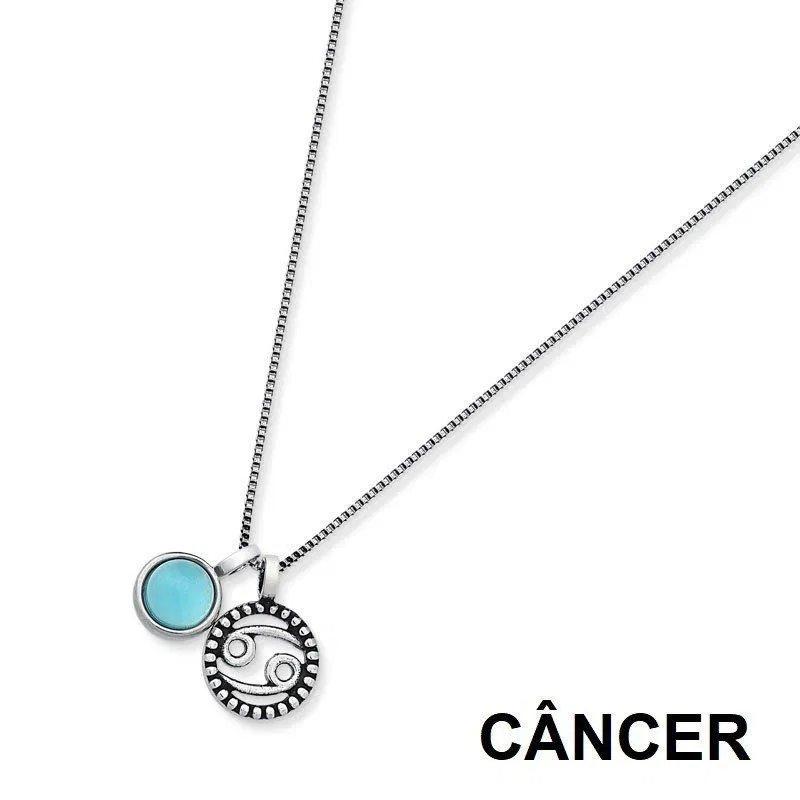 Colar Feminino Signo Câncer Pedra Natural Prata Envelhecida - Zodíaco Cordão Corrente Feminina Prata 1000 Prata de Bali