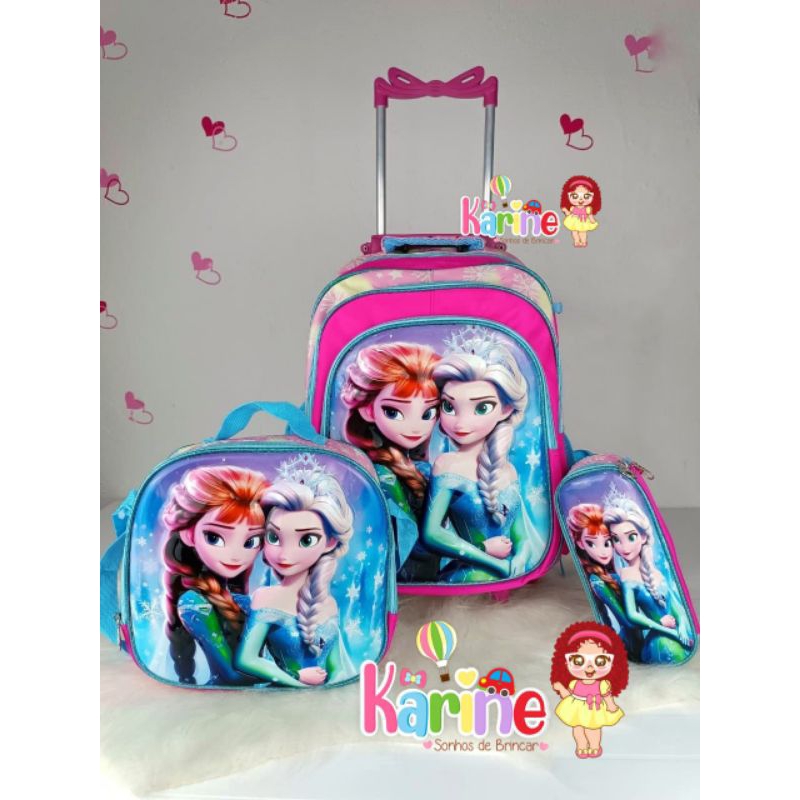 KIT MOCHILA ESCOLAR INFANTIL MENINA FROZEN/ FROZEN/COM RODINHAS/KIT MOCHILA+LANCHEIRA+ESTOJO/MODELO 2026 EM 3D