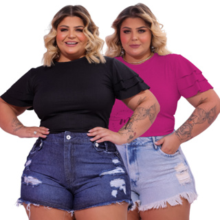 Blusa Canelada 3 babados Plus Size Moda Feminina Casual Básica Elegante em Oferta na Shopee