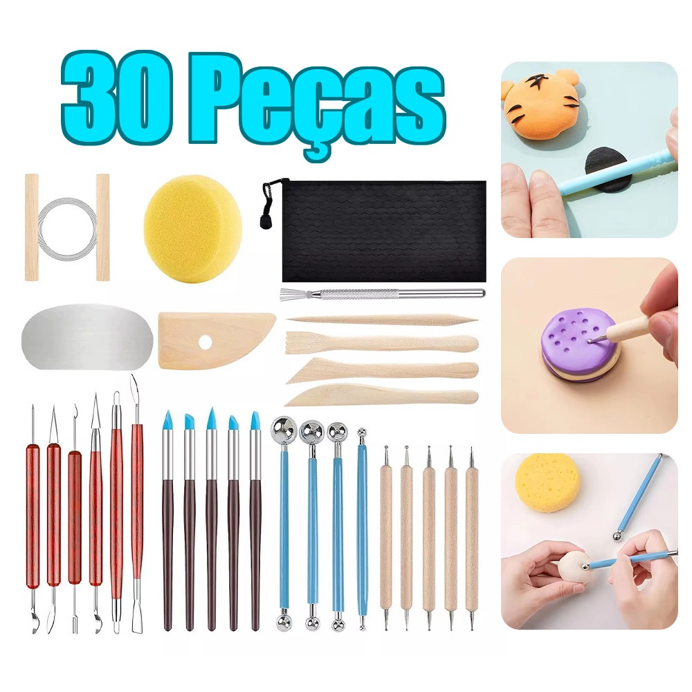 Conjunto de 30 Peças de Argila com Ferramentas Manuais para Escultura e Aparação