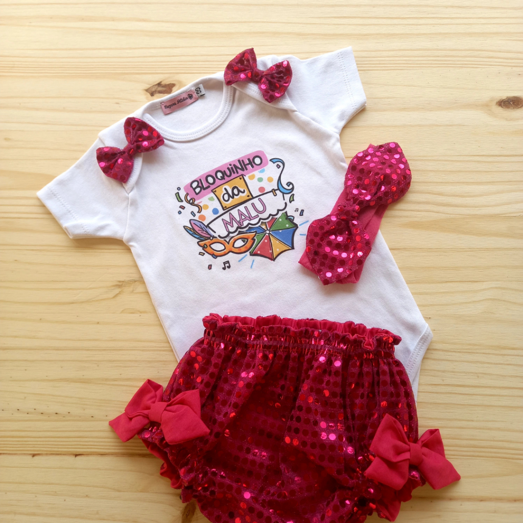 Kit Body Personalizado Carnaval Bebê – Fantasia Infantil com Nome - Short Paetê Pink em Oferta na Shopee