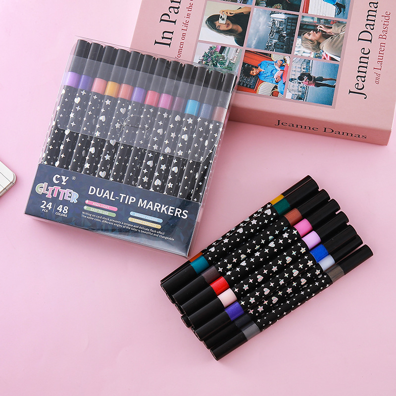Caneta marca-texto dupla com glitter em saco de PVC, caneta marca-texto fluorescente para rabiscos infantis e pintura de