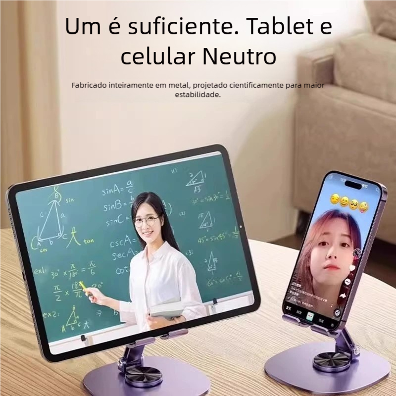 Suporte de Alumínio para Mesa 360º - Base Rotatória Ajustável para Smartphone e Tablet