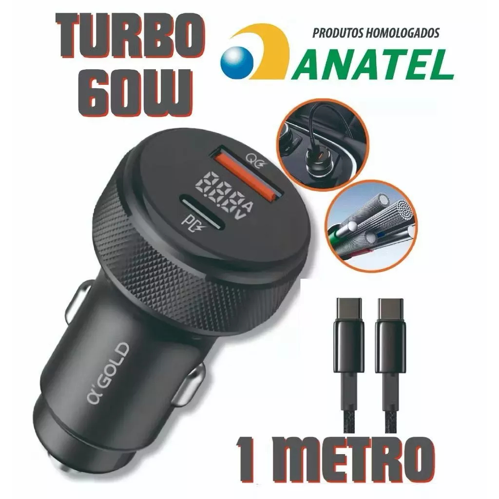 Adaptador Veicular USB-C PD QC 4.0 9.1A Turbo Com Visor LED a'GOLD CJ12-2