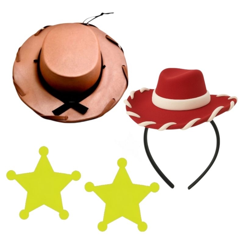 Kit Chapéu Woody + Tiara Jessie + Estrelas Xerife Cowboy Fantasia Infantil Festa Temática