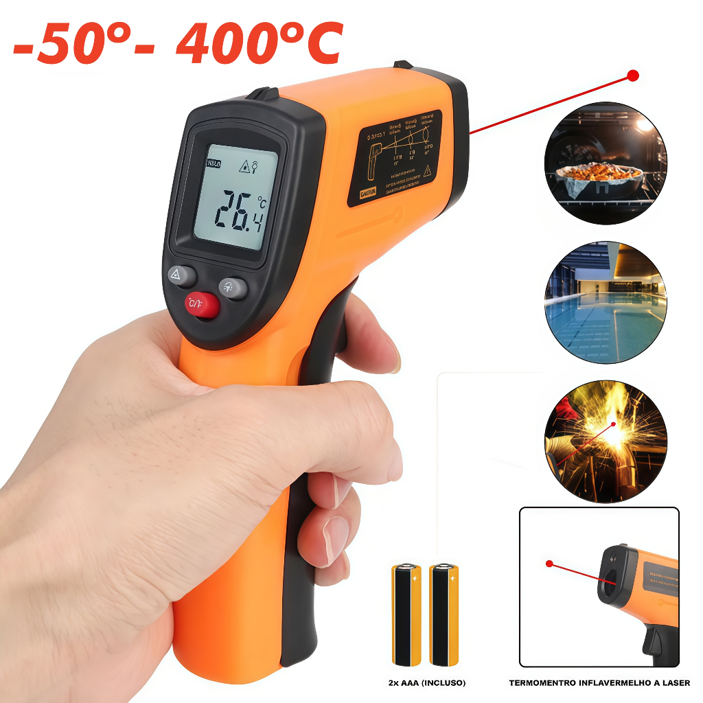 Termômetro Industrial Digital Infravermelho Cozinha Laser Medição Temperatura Industrial -55º- 400ºc