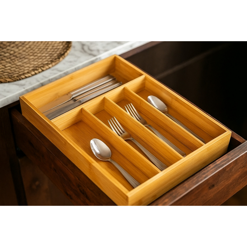 Organizador Porta Talher Bambu 5 Divisorias Alta Qualidade