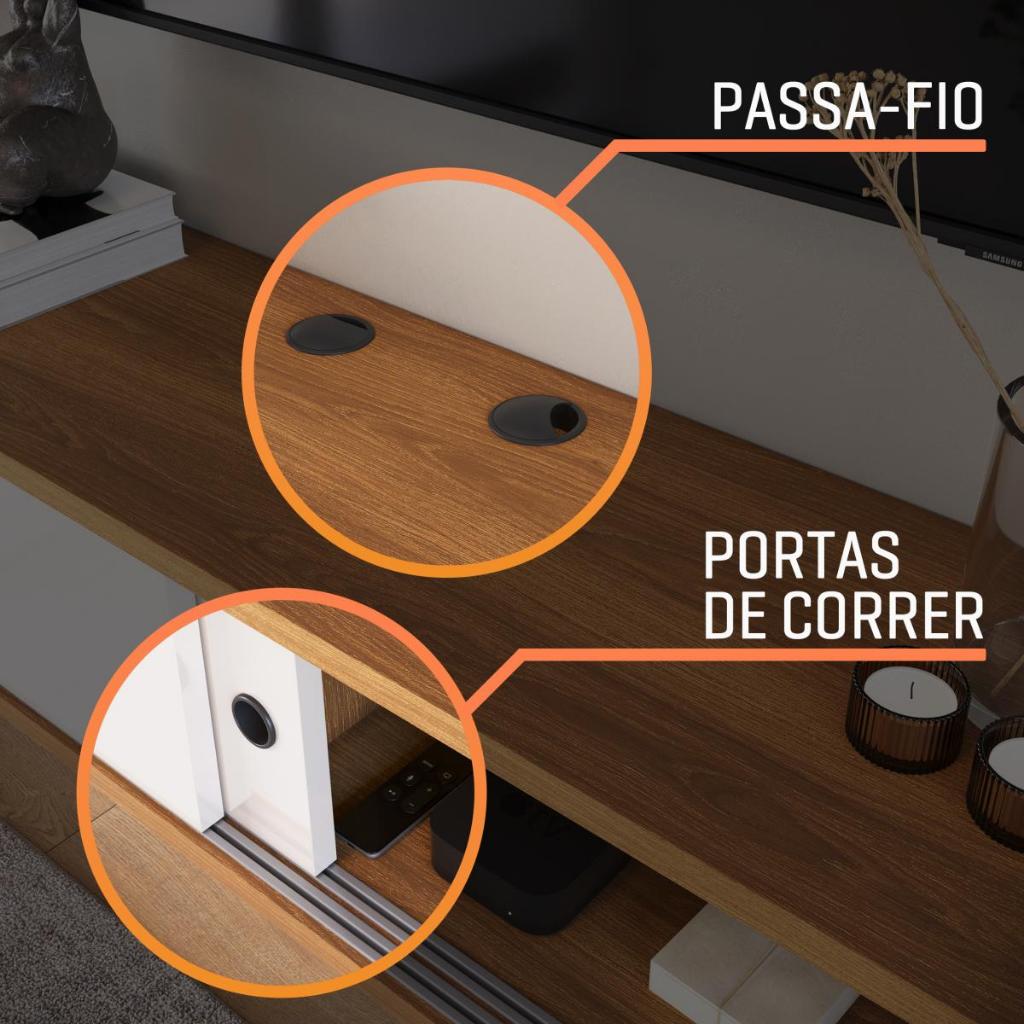 Rack Suspenso para Sala Filó com Prateleiras de Madeira Passa Cabo 2 Portas Deslizantes e Nicho