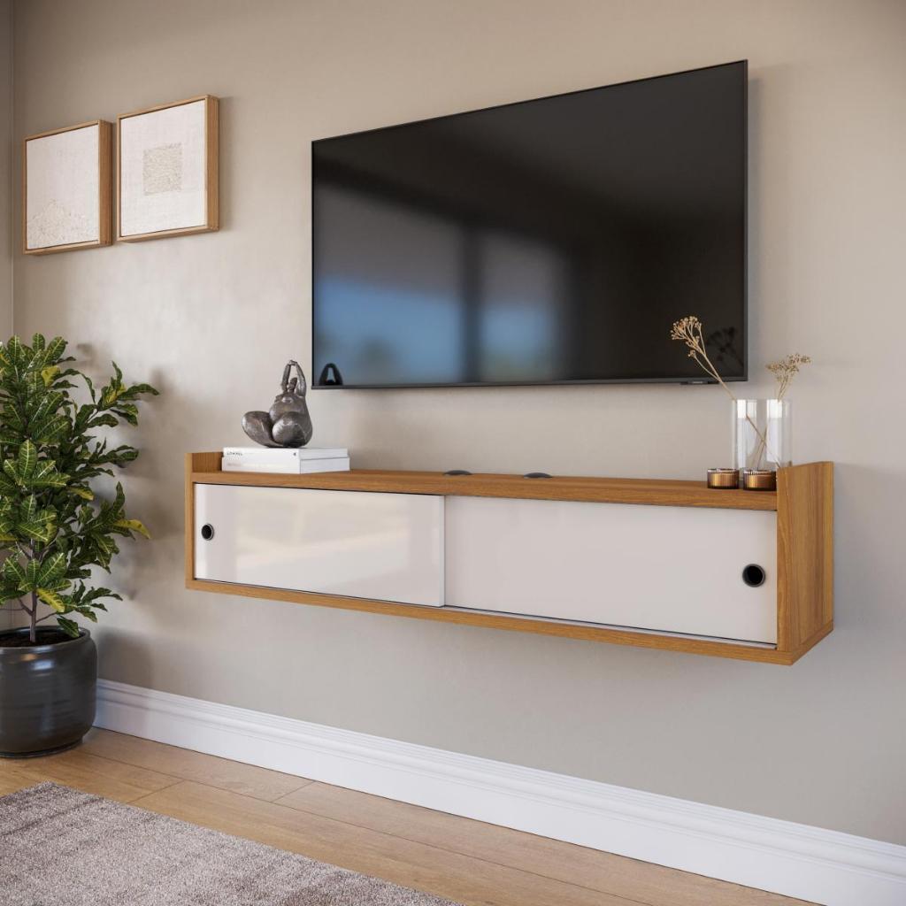 Rack Suspenso para Sala Filó com Prateleiras de Madeira Passa Cabo 2 Portas Deslizantes e Nicho em Oferta na Shopee