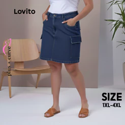 Lovito Saia Jeans Feminina Curta Bolsos Laterais Plus Size SHB221BRL250
