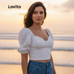 Lovito Blusa Feminina Manga Bufante Estilo Romântico BLB276BRL305