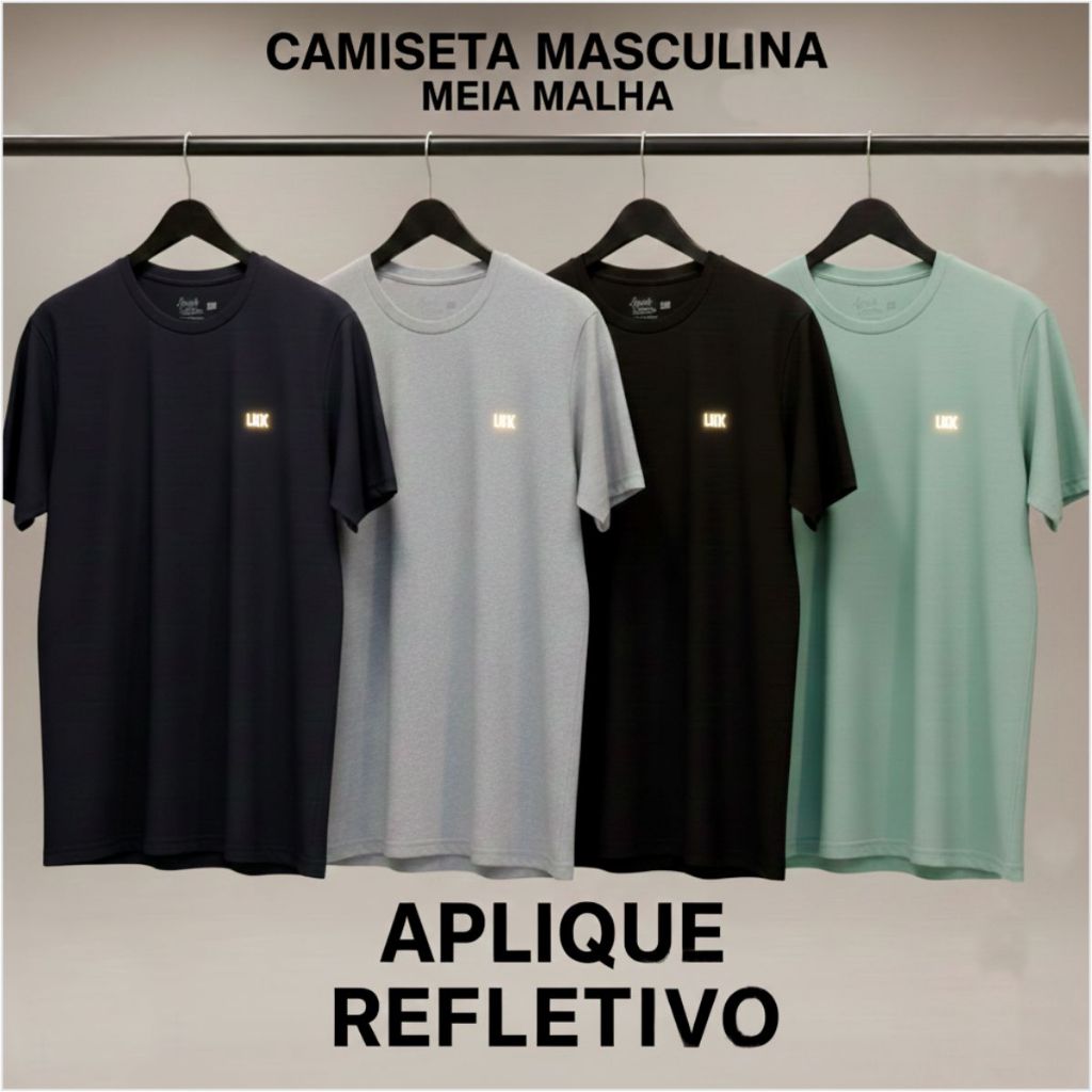 Kit Camisetas Masculina Adulto Algodão Básica com Detalhe Aplique Refletivo Logo Confortável
