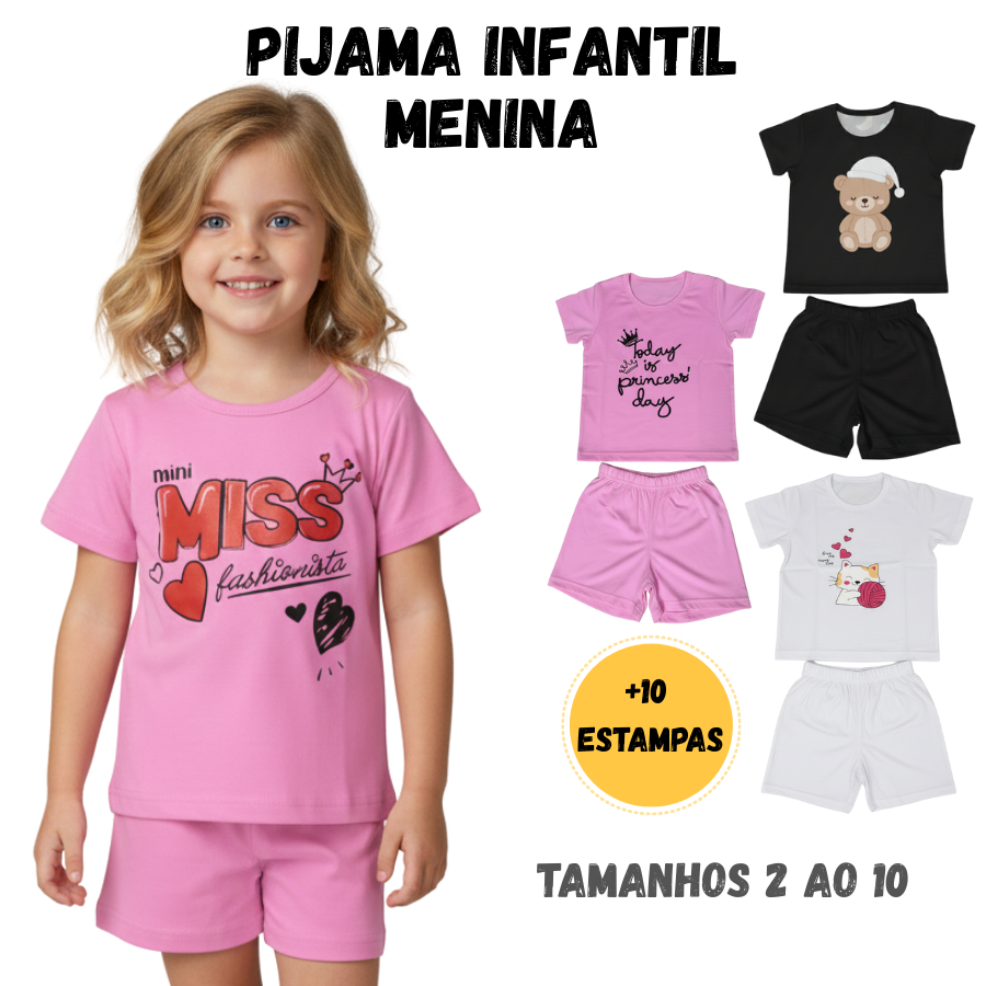 Conjunto de Pijama Infantil Menina Verão - 100% Algodão | Tamanhos 2 ao 10 | Promoção Presente Natal