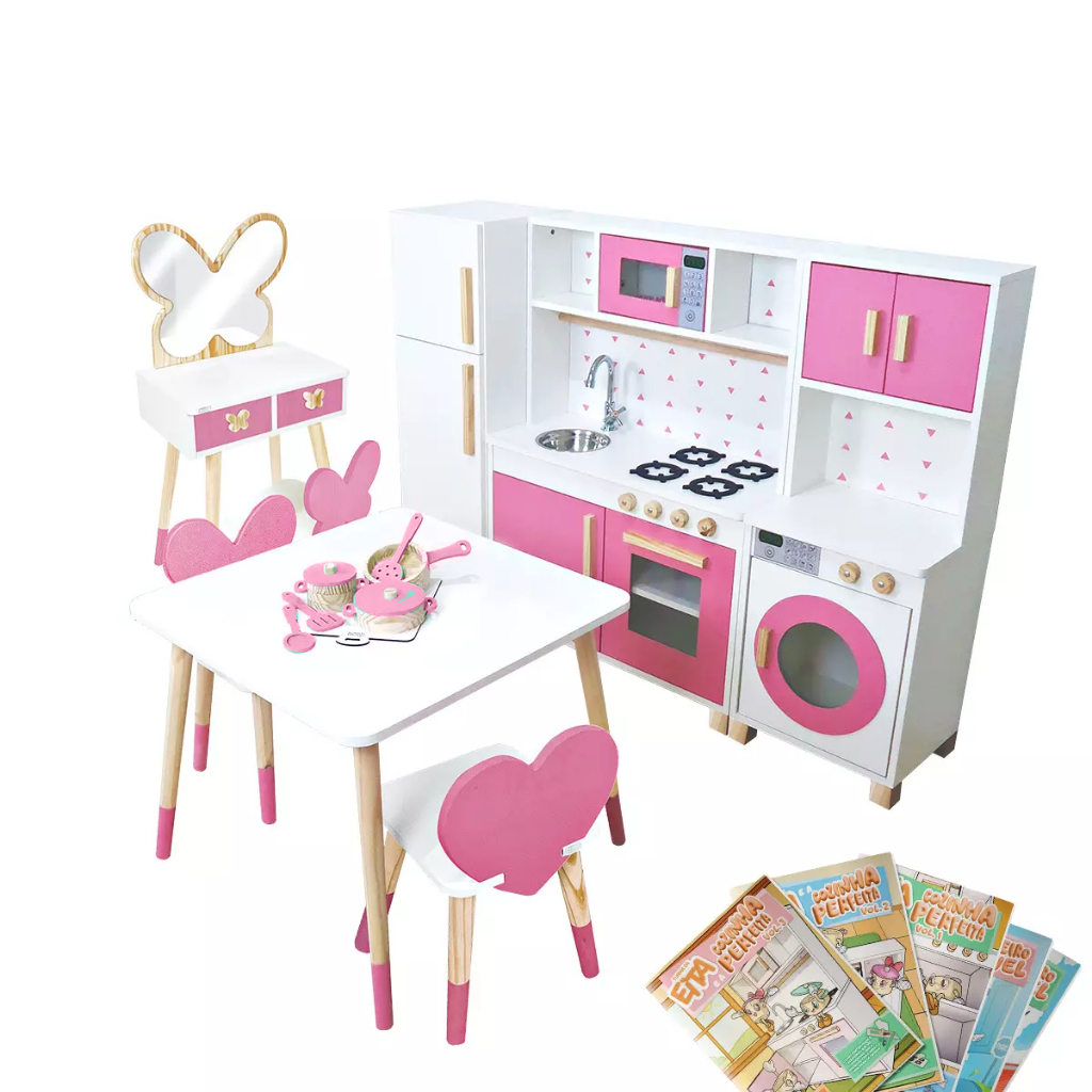 Imagem Combo Brinquedoteca Penteadeira Grande Madeira Infantil Rosa Faz de Conta Beleza Quarto Pedagógico Kit Livro Educativo