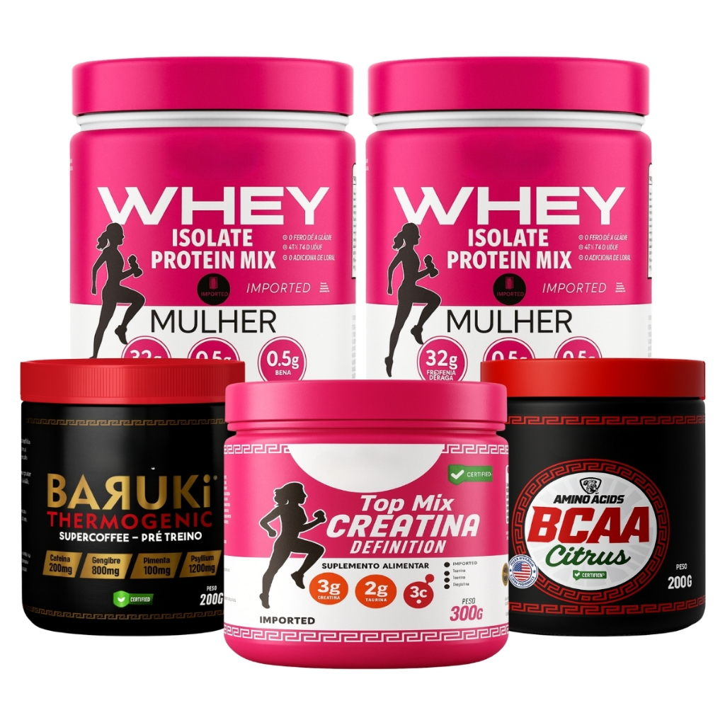 Whey Feminino Isolado + Creatina Mono + Bcaa Aminoácidos Essenciais + Termogênico Pré-Treino