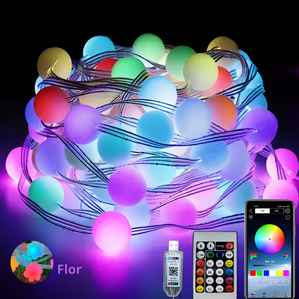 Fita Led Flor Bolinha RGB Bluetooth Cordão Com Controle Remoto Pisca Pisca Decoração Natal Quarto