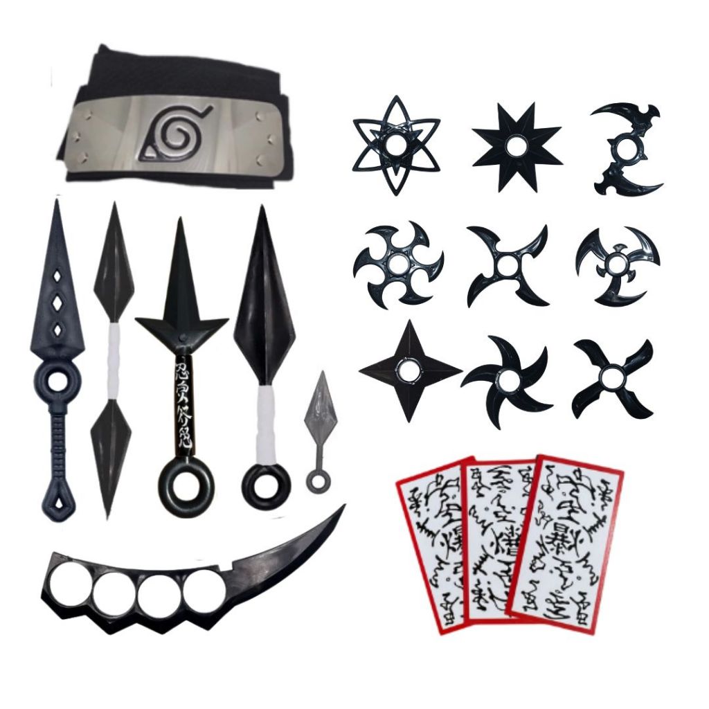 Kit Naruto 1 Bandana Vila da Folha + 6 Kunais + 9 Shurikens + 3 Papéis Bomba